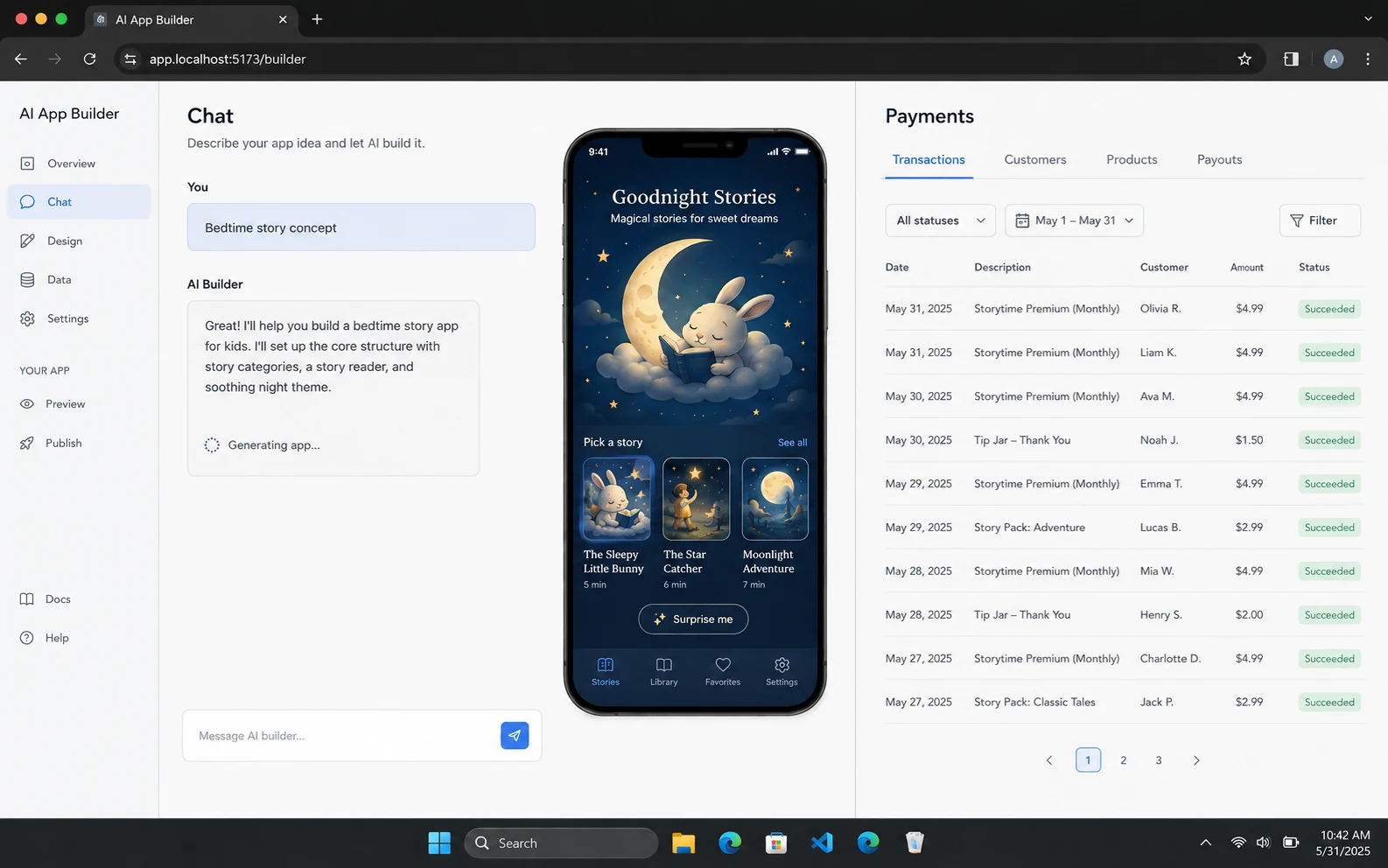 Illustrative preview of an AI app builder creating a bedtime-stories app beside a demo payments screen